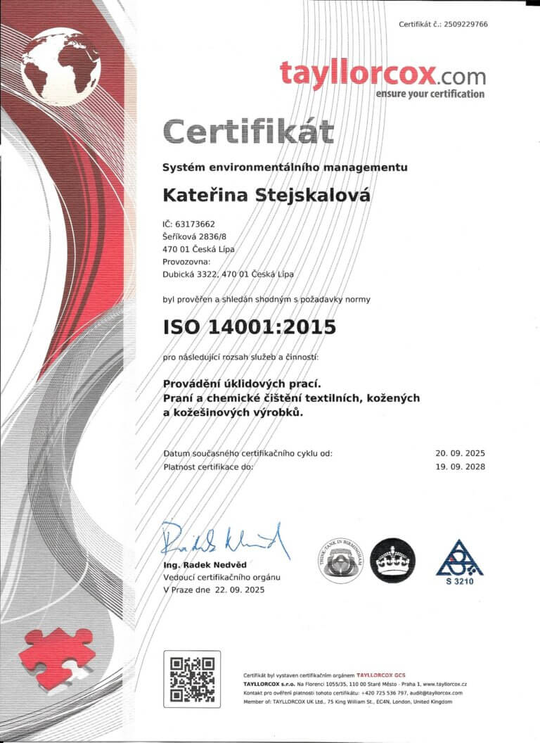 Certifikát ISO 14001:2015 Kateřina Stejskalová, platnost do 19. 9. 2028